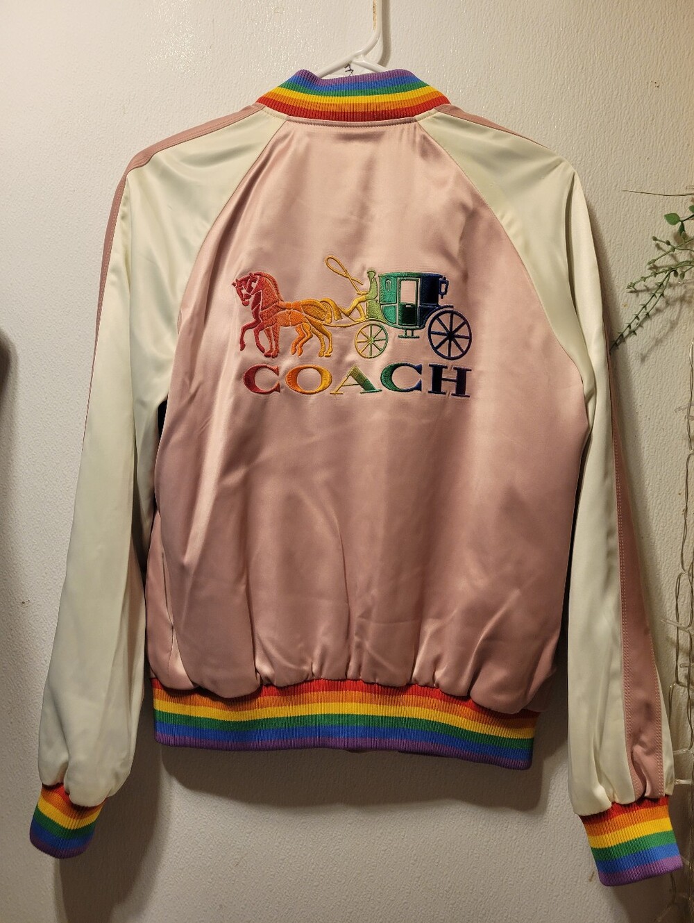 Coach Pink Satin Varsity Jacket with Cream Sleeves and Rainbow Trim - Picture 2 of 10